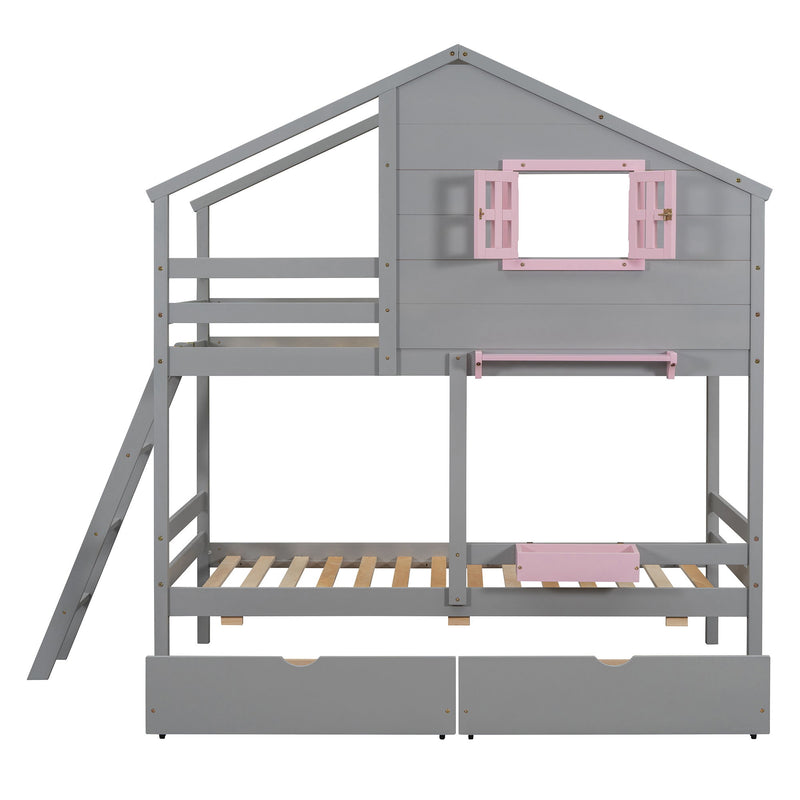 DreamHaus bunk bed with playhouse roof, window, and safety guardrails, featuring a sturdy wooden frame and playful design.