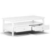 Handcrafted Warm Shaker coffee table by Simpli-Home featuring a natural wood finish and sturdy table design.