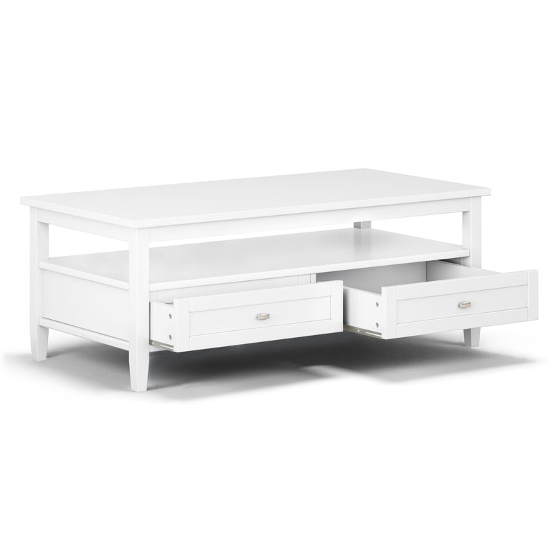 Handcrafted Warm Shaker coffee table by Simpli-Home featuring a natural wood finish and sturdy table design.