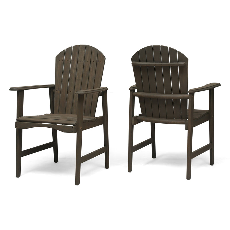 Set of two Noble House outdoor weather-resistant Acacia wood Adirondack dining chairs with wide armrests and slatted design.