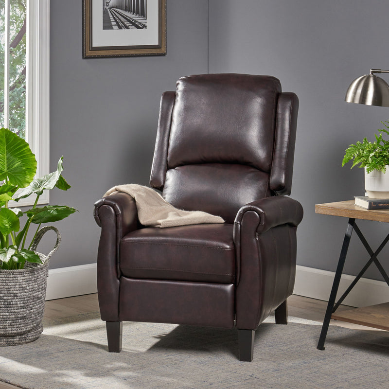 Noble House Memphis burgundy recliner club chair with plush upholstery and wooden legs, showcasing a comfortable, stylish design.