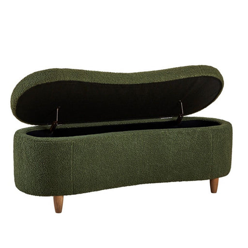 JLA flip top storage bench with cushioned lid and wooden legs, ideal for living room or entryway storage solutions.