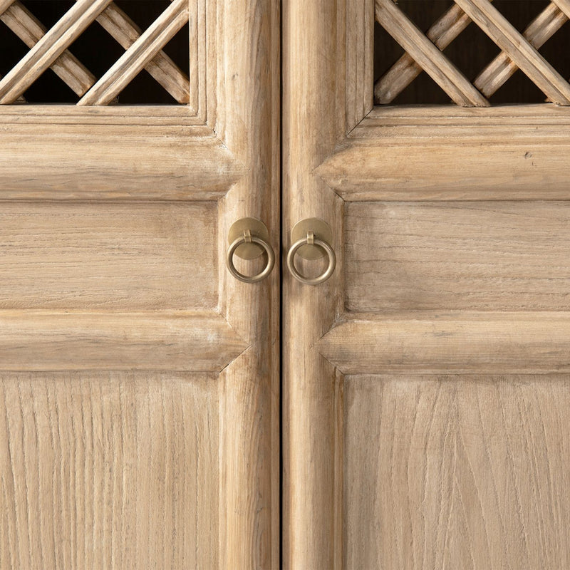 Natural wood Arden 2-door bookcase storage cabinet by Jennifer Taylor Home with open shelves and sleek accent design.
