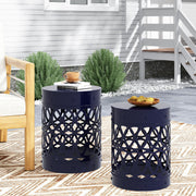 Set of two Noble House Delight powder coated iron end tables with sleek metal frames and square tabletops.