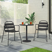 Noble House Terra Nova Bistro Set in matte black, 3-piece outdoor patio set with table and two chairs, modern outdoor furniture.