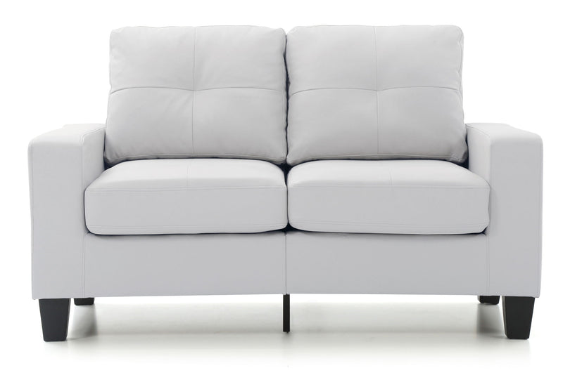 Glory Furniture Newbury track arm loveseat in cozy living space, featuring a stationary design with plush upholstery and modern style.
