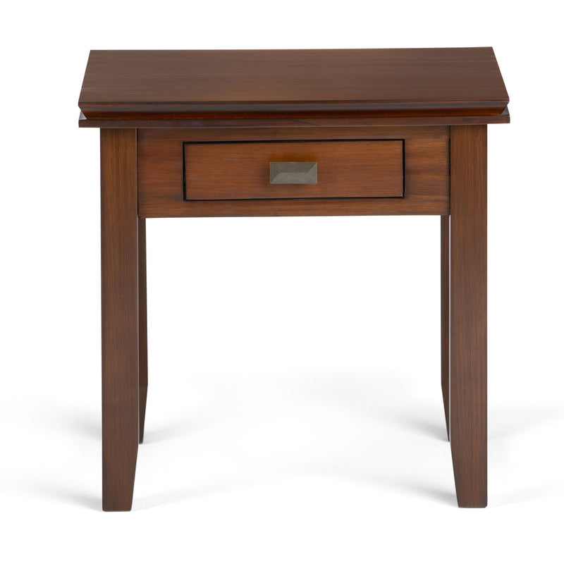 Rustic Russet Brown Artisan end table by Simpli-Home with wooden finish and simple design, perfect for living room or bedroom decor.