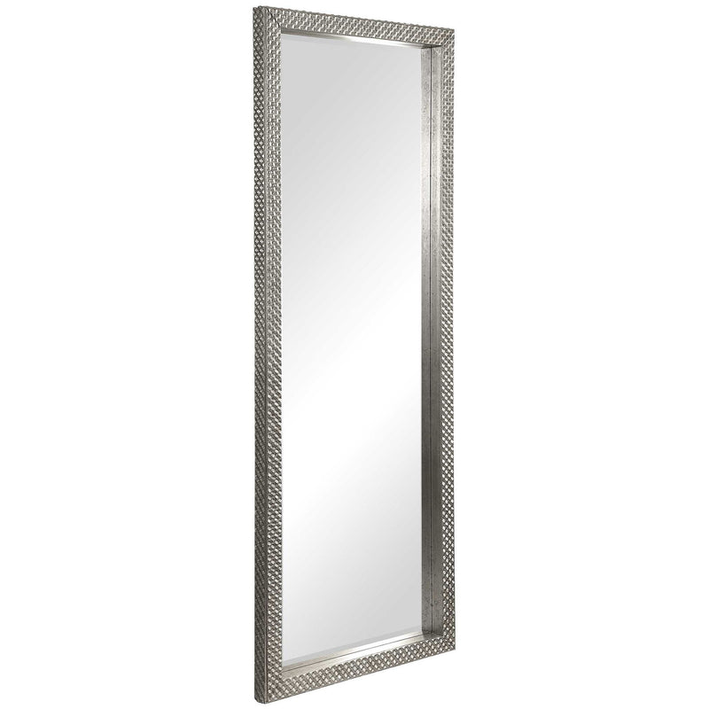 Silver metallic mirror by Uttermost, Cacelia floor mirror with a sleek, reflective surface and modern design.