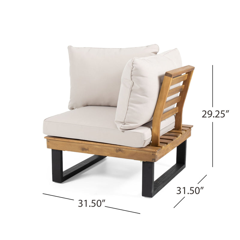 Noble House Sebastian 4-piece outdoor sofa set with beige cushions and teak frames, water-resistant cushions for outdoor comfort.