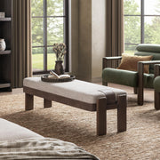 Classic Home Kava Accent Bench in Cocoa Latte upholstered with plush fabric and wooden legs, ideal for entryway or living room decor.