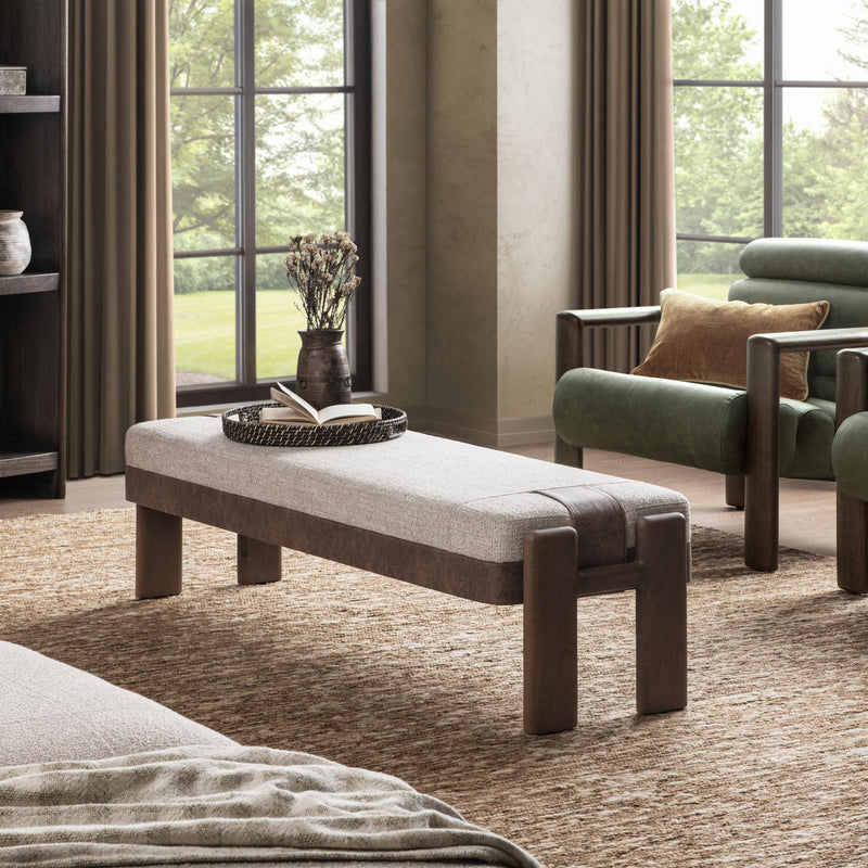 Classic Home Kava Accent Bench in Cocoa Latte upholstered with plush fabric and wooden legs, ideal for entryway or living room decor.