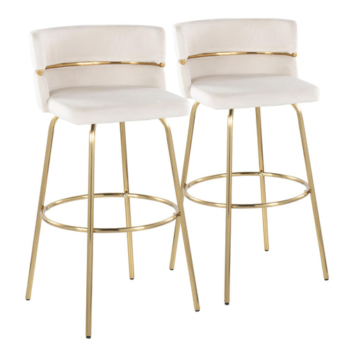 Lumi Source Cinch Glam Art Deco fixed height barstool set with swivel and round footrest, featuring sleek design and plush upholstery