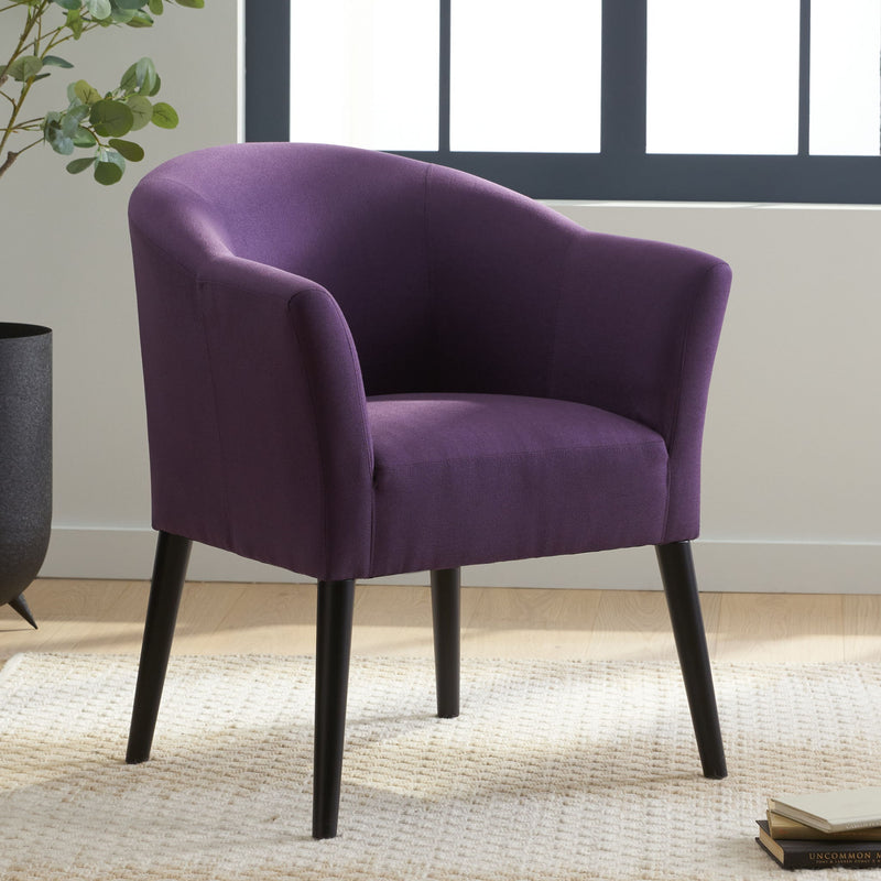 Noble House fabric arm chair with cushioned plum seat, wooden legs, and modern design in a comfortable living room setting.