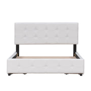 DreamHaus upholstered platform bed with classic headboard and built-in storage drawers, no box spring needed, in a modern bedroom setting.