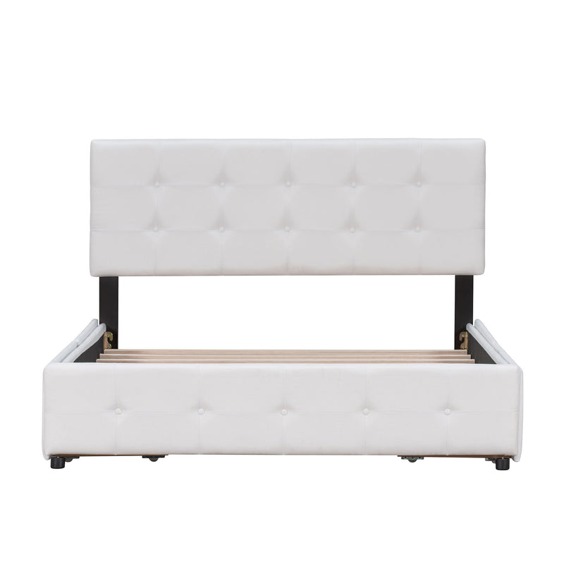 DreamHaus upholstered platform bed with classic headboard and built-in storage drawers, no box spring needed, in a modern bedroom setting.