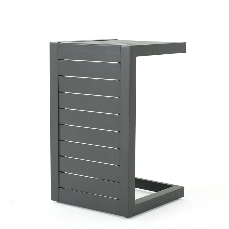 Noble House aluminum outdoor C-shaped side table with a modern design, perfect for patio or outdoor seating areas.