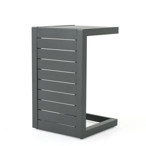 Noble House aluminum outdoor C-shaped side table with a modern design, perfect for patio or outdoor seating areas.