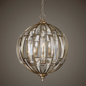Uttermost Vicentina 6-light gold sphere pendant lighting fixture with modern design and multiple glass globe shades.