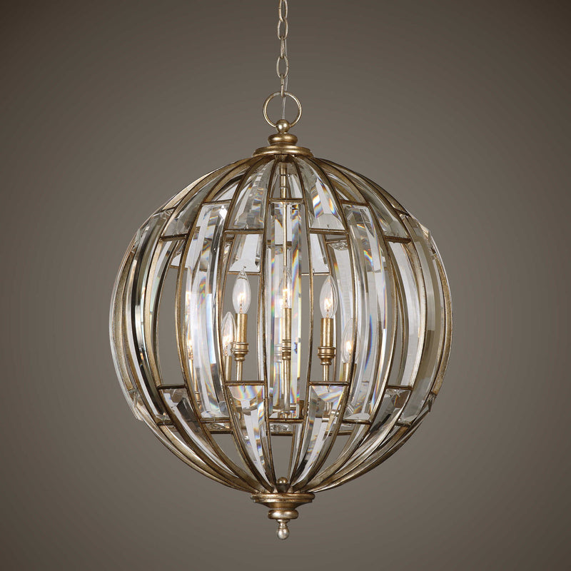 Uttermost Vicentina 6-light gold sphere pendant lighting fixture with modern design and multiple glass globe shades.