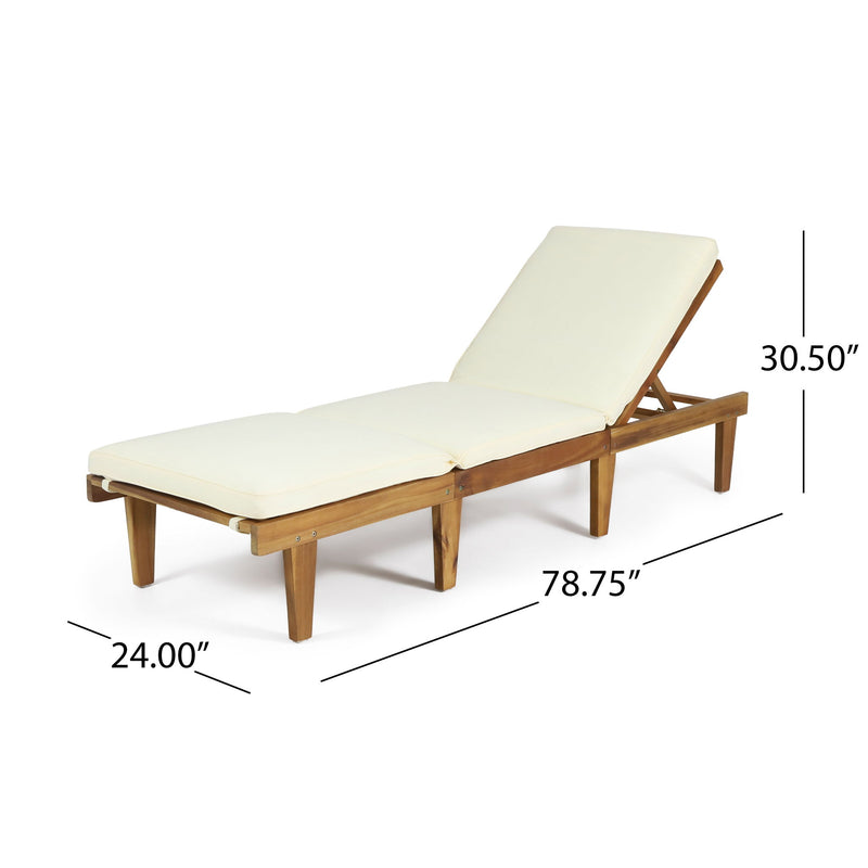 Noble House Ariana wood chaise lounge with a cushioned seat and backrest, featuring a sleek modern design and natural wood finish.