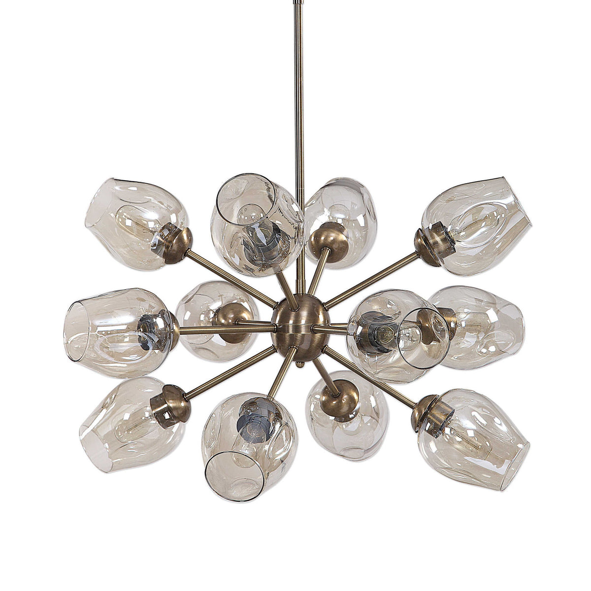 Uttermost Chet 12-light Sputnik chandelier with light brown finish, featuring multiple arms and exposed bulbs for a modern industrial look.