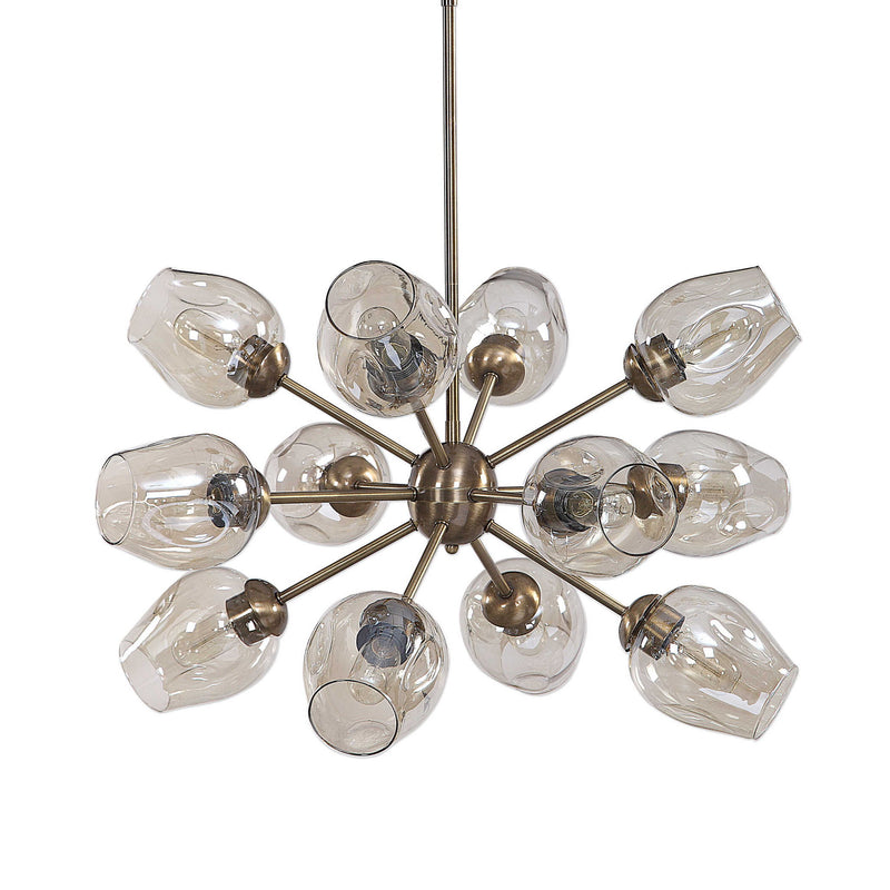 Uttermost Chet 12-light Sputnik chandelier with light brown finish, featuring multiple arms and exposed bulbs for a modern industrial look.