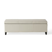Noble House Glouster contemporary storage ottoman with fabric upholstery and hidden storage compartment, in a modern living room setting.