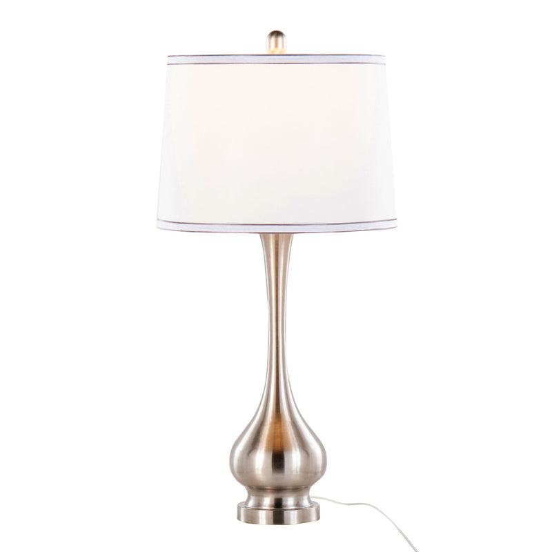 Pair of Lumi Source Cairo contemporary table lamps with nickel and white finishes, silver trim, and modern design.