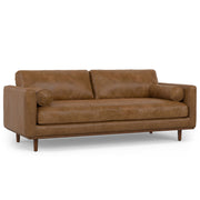 Simpli-Home Morrison upholstered stationary sofa with plush cushions and neutral fabric in a modern living room setting.