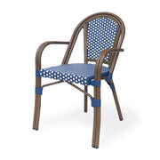 Set of two Noble House bistro chairs with white and navy two-toned checkered fabric and sleek white frames.