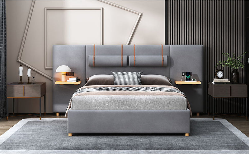 Upholstered Platform Bed, 2 Outlets And USB Charging Ports On Both Sides, 2 Bedside Pillows, Storage Shelves - R&R Furniture Gallery (Fountain Valley, CA)