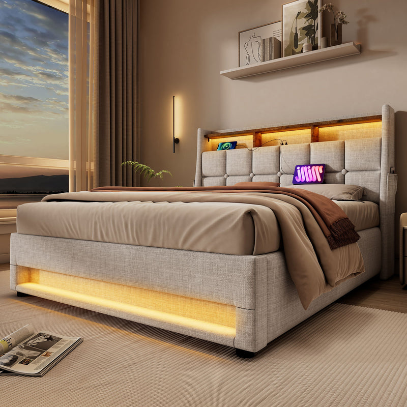 Artistry At Home upholstered storage platform bed with hydraulic lift, LED lighting, and USB charging ports, no mattress included.