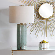 Uttermost Callais Crackled Aqua Table Lamp with textured ceramic base and fabric shade, ideal for accent lighting in living spaces.