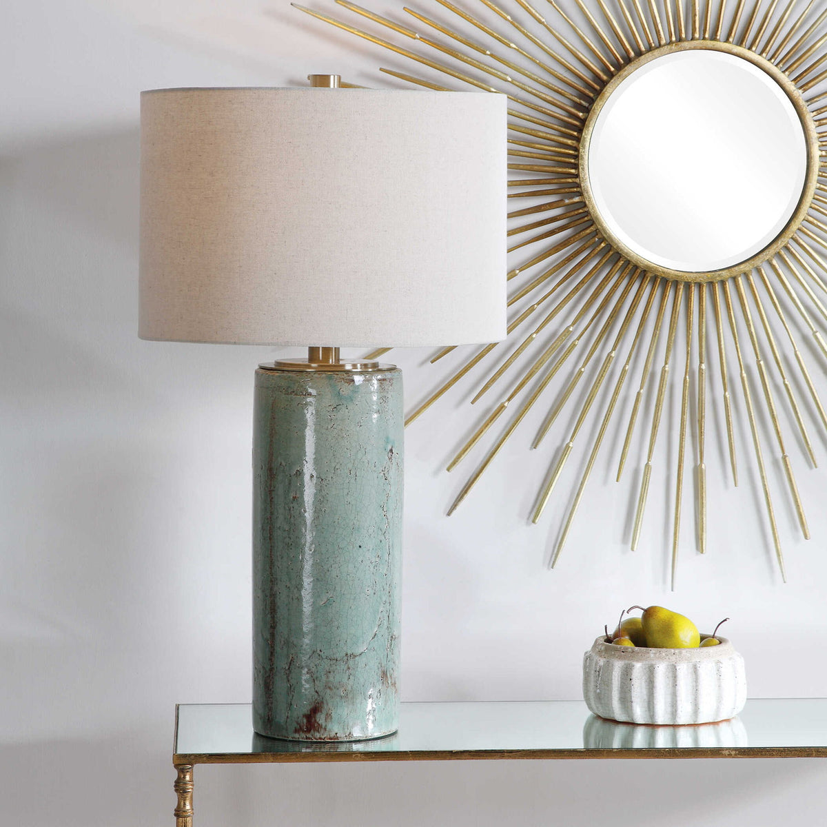 Uttermost Callais Crackled Aqua Table Lamp with textured ceramic base and fabric shade, ideal for accent lighting in living spaces.