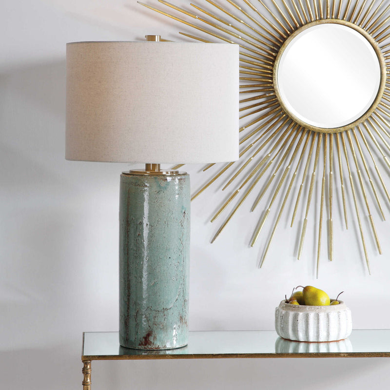 Uttermost Callais Crackled Aqua Table Lamp with textured ceramic base and fabric shade, ideal for accent lighting in living spaces.