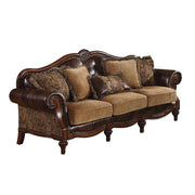 Dreena - Sofa With 5 Pillows - Two Tone Brown Synthetic Leather & Chenille Cherry - R&R Furniture Gallery (Fountain Valley, CA)