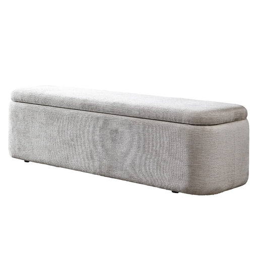 Gray ACME Orane storage bench with a cushioned top and wooden legs, offering seating and hidden storage space.