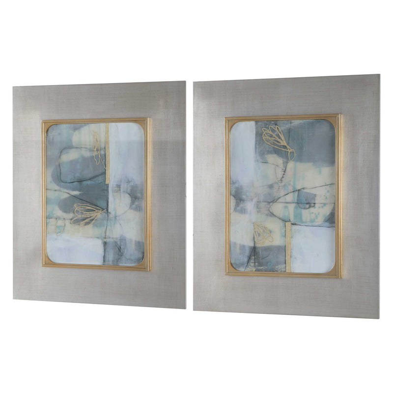 Pair of framed abstract prints from Uttermost, Gilded Whimsy set in dark gray with gold accents, modern wall art for living space.
