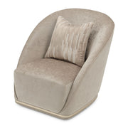 Michael Amini La Rachelle swivel chair with plush upholstery and elegant design, featuring a rounded back and armrests.