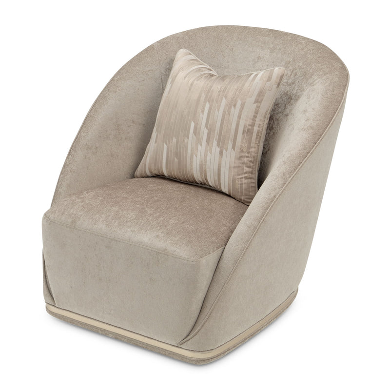 Michael Amini La Rachelle swivel chair with plush upholstery and elegant design, featuring a rounded back and armrests.