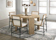Bowen - Round Dining Table With Cream Color Upholstered Chairs (Set of 5) - Oak Finish - R&R Furniture Gallery (Fountain Valley, CA)