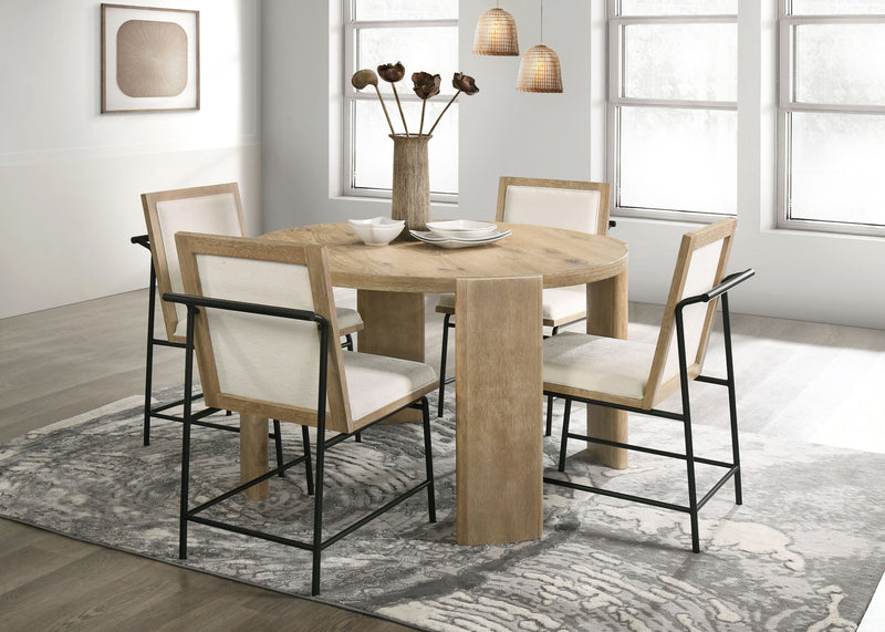 Bowen - Round Dining Table With Cream Color Upholstered Chairs (Set of 5) - Oak Finish - R&R Furniture Gallery (Fountain Valley, CA)