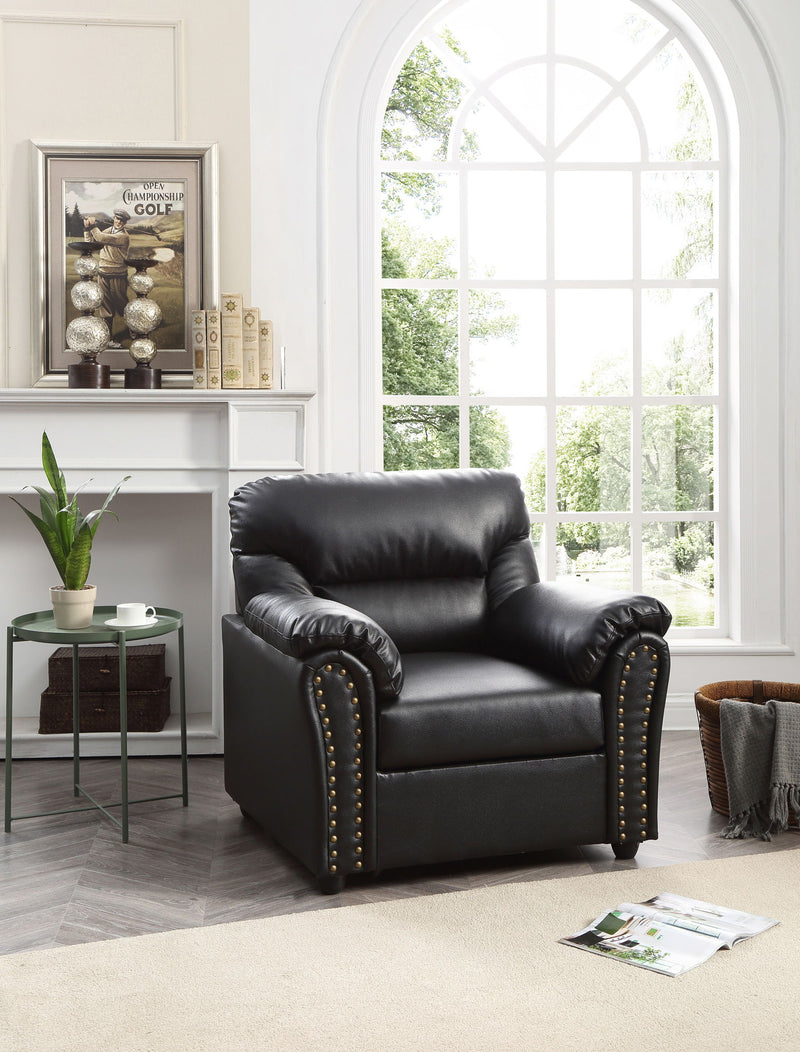 Black Olney arm chair by Glory Furniture with a sleek design and cushioned seating, perfect for modern living spaces.