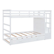 White DreamHaus twin over twin bunk bed with staircase and trundle, showcasing the sturdy wooden frame and space-saving design.