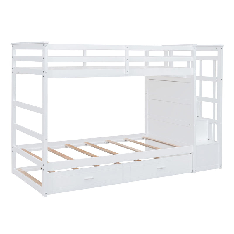 White DreamHaus twin over twin bunk bed with staircase and trundle, showcasing the sturdy wooden frame and space-saving design.