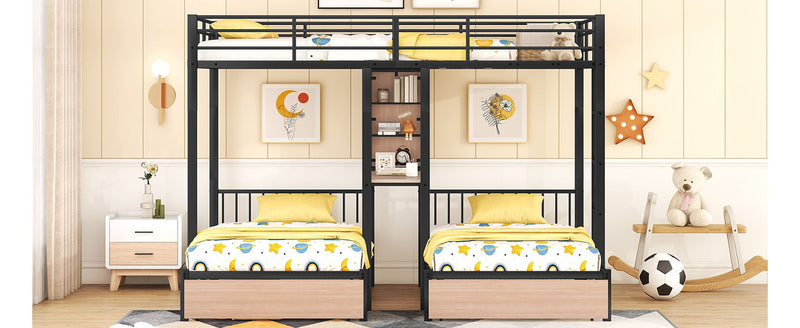 Triple Bunk Bed With Drawers, Multi-Functional Frame With Desks And Shelves In The Middle - R&R Furniture Gallery (Fountain Valley, CA)