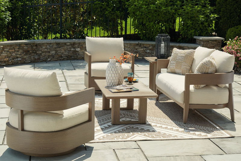 Signature Design by Ashley Serene Bay outdoor lounge set with five pieces, including cushioned chairs and a table for patio relaxation.