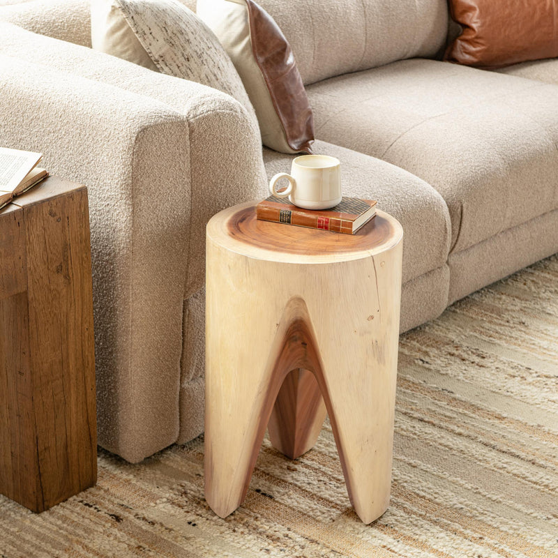 Classic Home Vela accent table with a sleek round top and modern design, perfect for living room or bedroom decor.