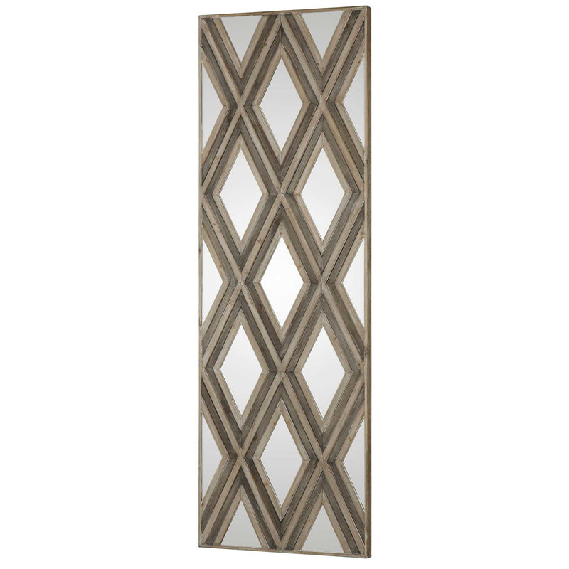 Light brown geometric argyle pattern wall mirror by Uttermost, featuring a stylish contemporary design and a sturdy frame.