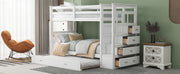 White Twin over Twin bunk bed with staircase and trundle, featuring a sturdy design and space-saving functionality by DreamHaus.